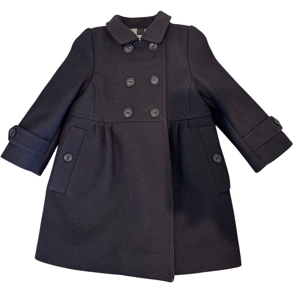 NWOT Burberry Pea Coat Kids 12M Black Wool Cashmere Double Breasted Nova Check - Picture 1 of 14